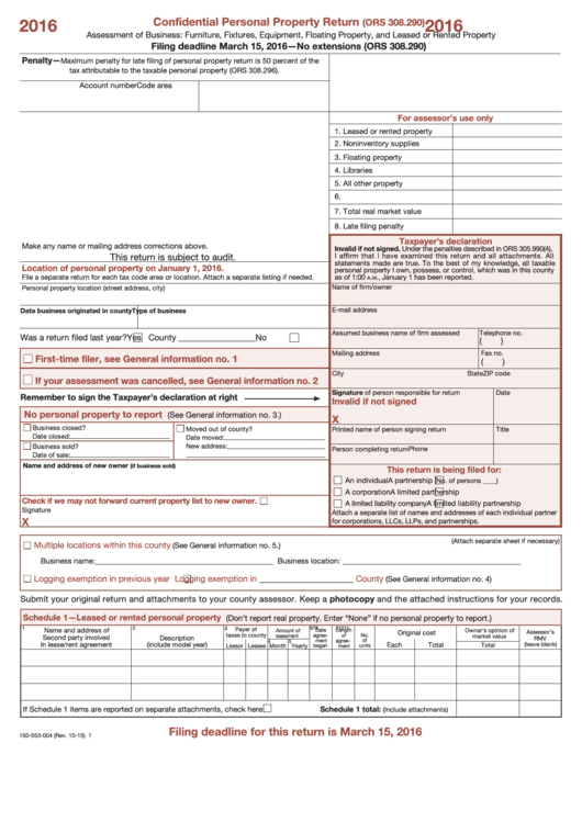 Fillable Form 150-553-004 - Confidential Personal Property Return - 2016 Printable pdf