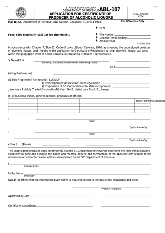 Fillable Form Abl-107 - Application For Certificate Of Producer Of Alcoholic Liquors - 2000 Printable pdf