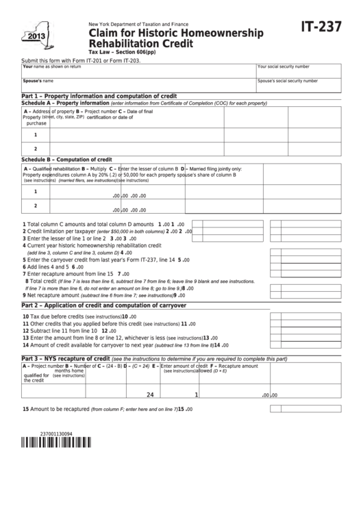 Fillable Form It-237 - Claim For Historic Homeownership Rehabilitation Credit - 2013 Printable pdf