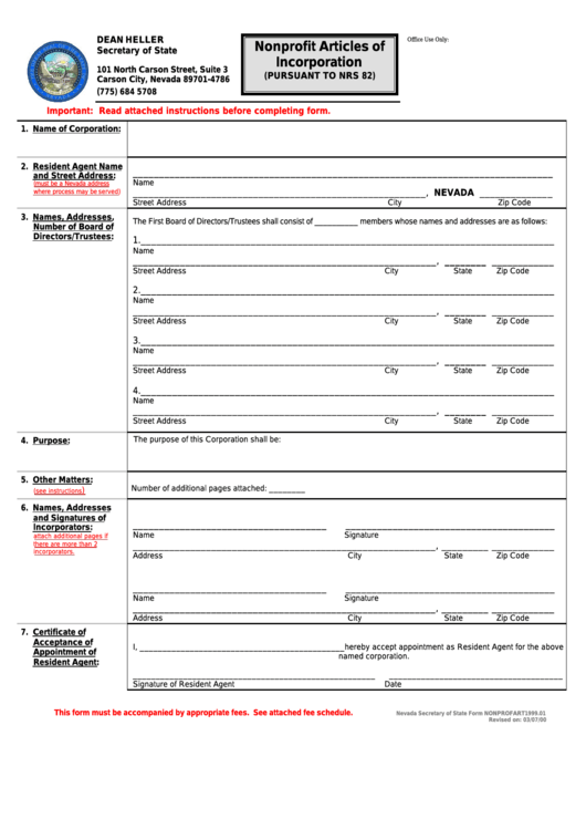 Form Nonprofart1999.01 - Nonprofit Articles Of Incorporation - Nevada Secretary Of State Printable pdf