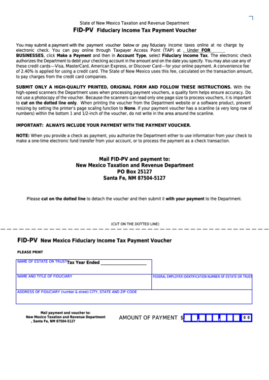 Form Fid-Pv - New Mexico Fiduciary Income Tax Payment Voucher Printable pdf