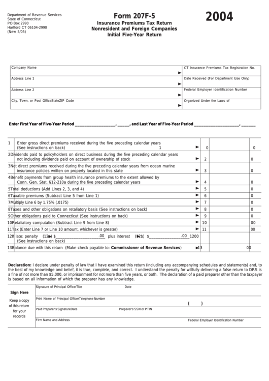 Form 207f-5 - Insurance Premiums Tax Return Nonresident And Foreign Companies Initial Five-Year Return - 2004 Printable pdf