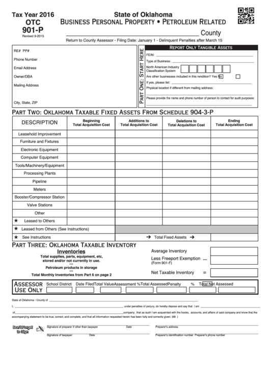 Fillable Form Otc 901-P - Business Personal Property - Petroleum Related - 2016 Printable pdf