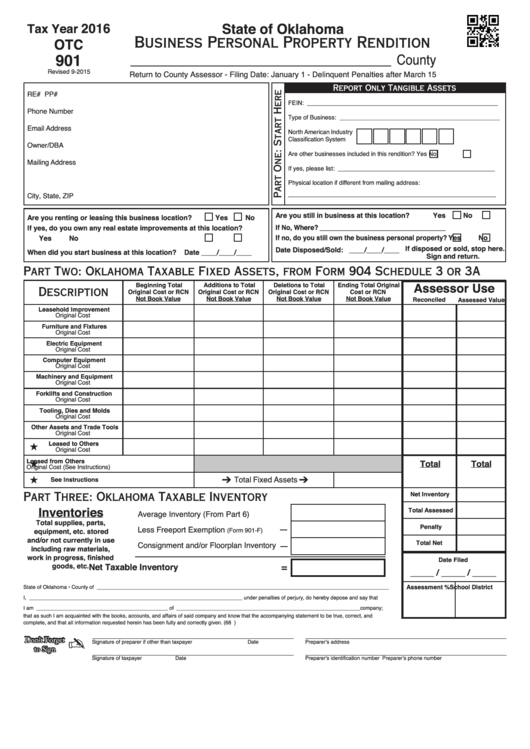 Fillable Form Otc 901 - Business Personal Property Rendition - 2016 Printable pdf