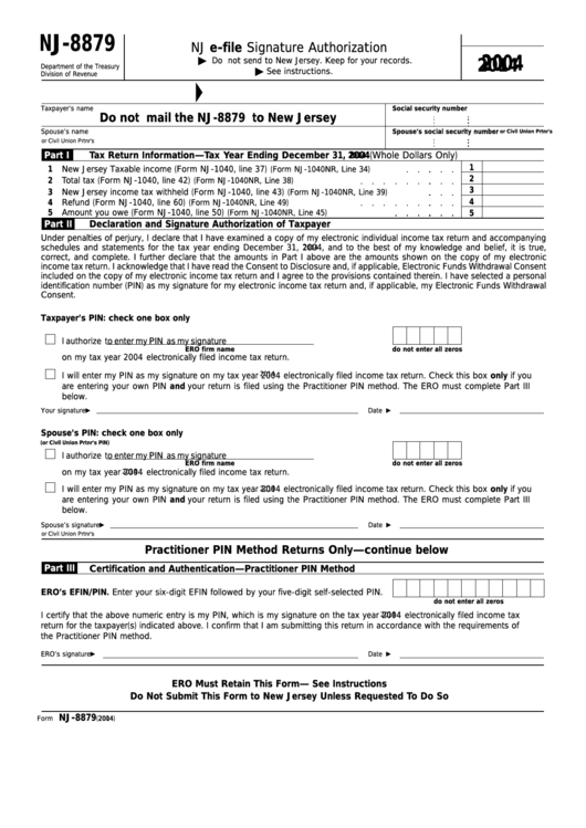 Fillable Form Nj-8879 - Nj E-File Signature Authorization - 2014 Printable pdf