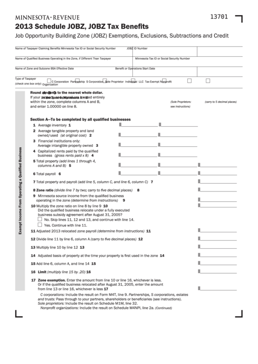 Fillable Schedule Jobz - Jobz Tax Benefits - 2013 Printable pdf