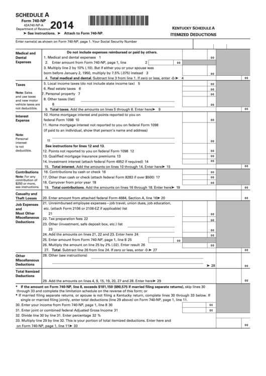 Fillable Schedule A Form 740-Np - Kentucky Schedule A Itemized Deductions - 2014 Printable pdf