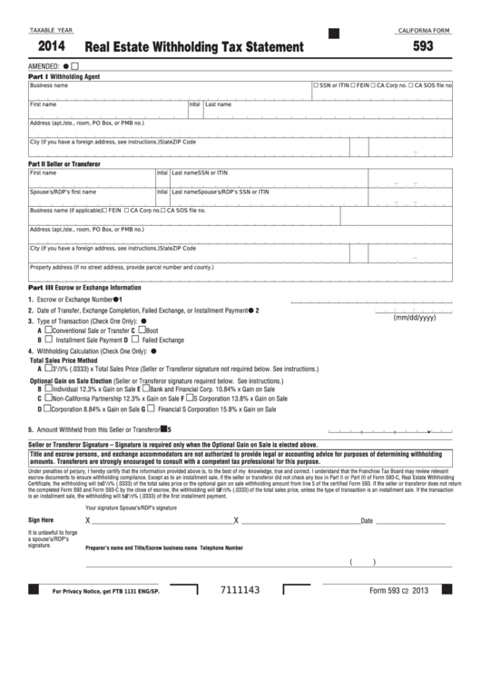 Fillable California Form 593 - Real Estate Withholding Tax Statement - 2014 Printable pdf