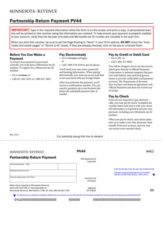 Fillable Form Pv44 - Partnership Return Payment Printable pdf