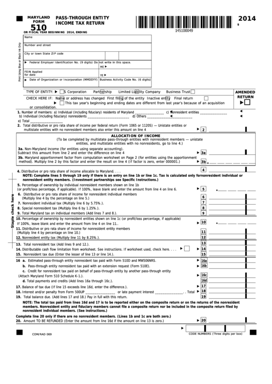 Fillable Form 510 - Pass-Through Entity Income Tax Return - 2014 Printable pdf