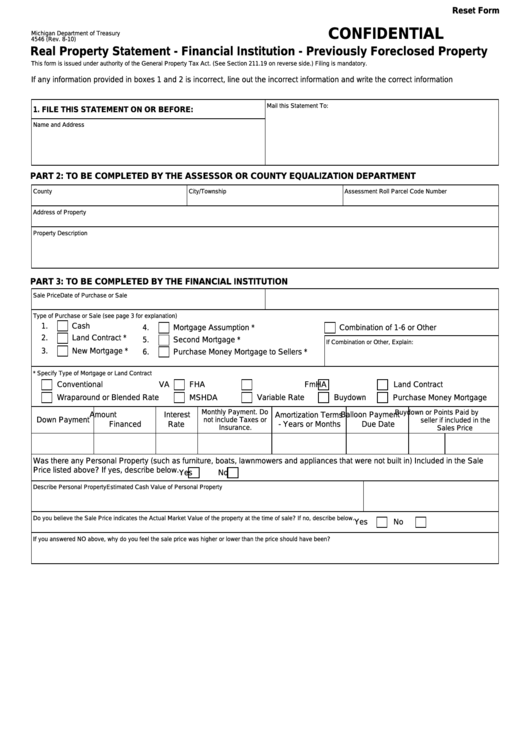 Fillable Form 4546 - Real Property Statement - Financial Institution - Previously Foreclosed Property - Michigan Department Of Treasur Printable pdf