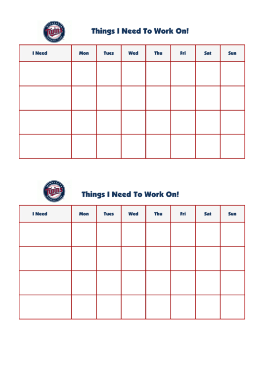 Things I Need To Work On Chart - Minnesota Twins Double Printable pdf