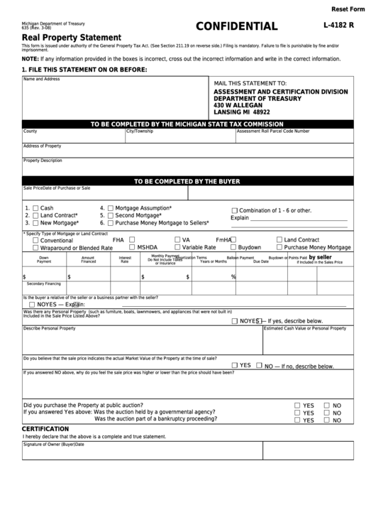 Fillable Form 635 - Confidential Real Property Statement - Michigan Department Of Treasury Printable pdf