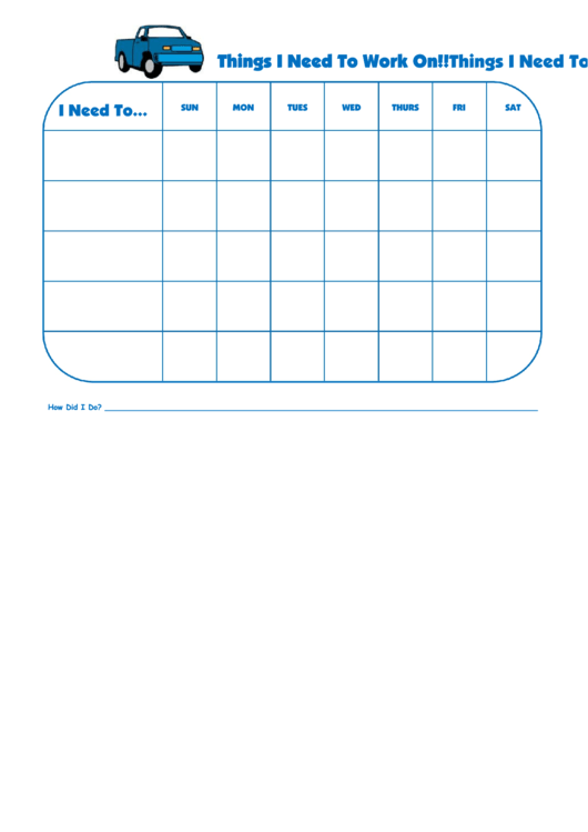 Fillable Things I Need To Work On Chart - Pickup Truck Printable pdf