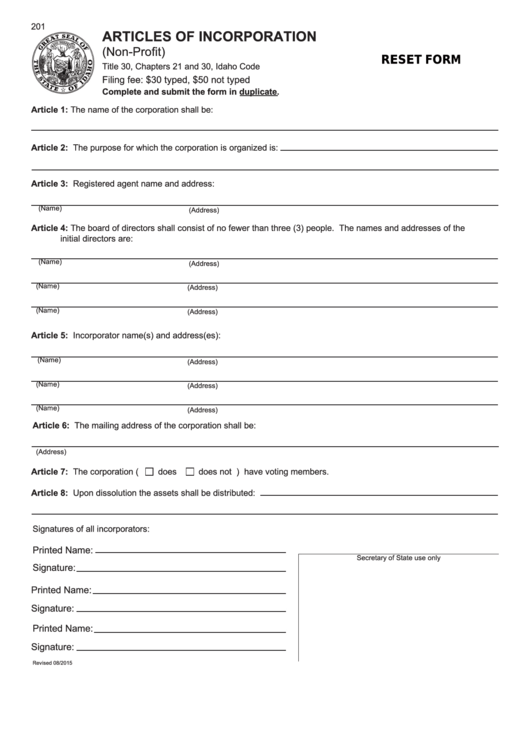 Articles Of Incorporation For A Non-Profit Organization - Idaho Secretary Of State Printable pdf