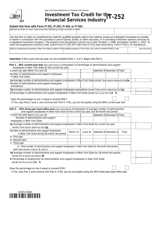 Fillable Form It-252 - Investment Tax Credit For The Financial Services Industry - 2013 Printable pdf