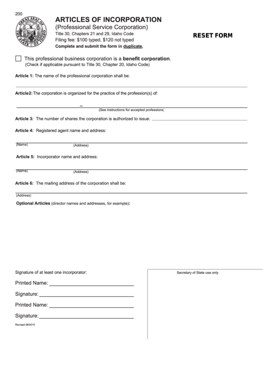 Articles Of Incorporation For A Professional Service Corporation - Idaho Secretary Of State Printable pdf