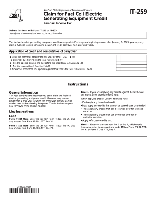 Fillable Form It-259 - Claim For Fuel Cell Electric Generating Equipment Credit - 2013 Printable pdf