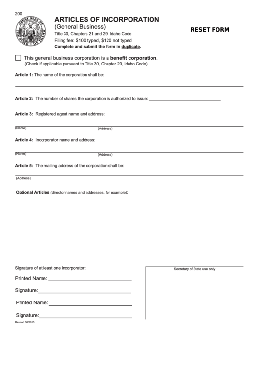 Fillable General Business Articles Of Incorporation - Idaho Secretary Of State Printable pdf