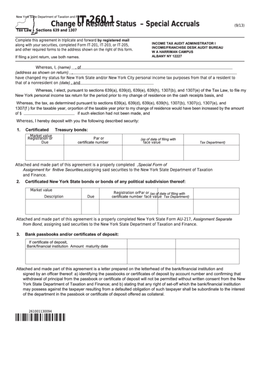 Fillable Form It-260.1 - Change Of Resident Status - Special Accruals Printable pdf