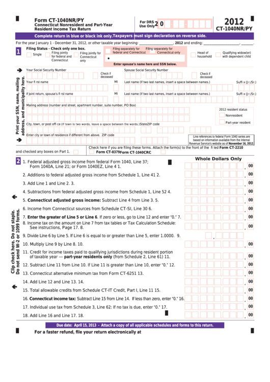 Fillable Form Ct-1040nr/py - Connecticut Nonresident And Part-Year Resident Income Tax Return - 2012 Printable pdf