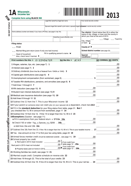 Fillable Form 1a - Wisconsin Income Tax - 2013 Printable pdf
