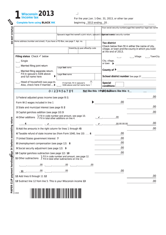 Fillable Form 1 - Wisconsin Income Tax - 2013 Printable pdf