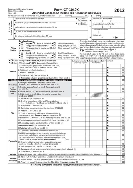Form Ct-1040x - Amended Connecticut Income Tax Return For Individuals - 2012 Printable pdf