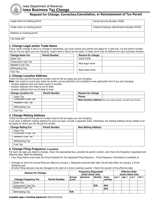 Fillable Form 92-033 - Request For Change, Correction, Cancellation, Or Reinstatement Of Tax Permit Printable pdf