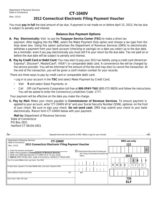 Fillable Formct-1040v - Connecticut Electronic Filing Payment Voucher - 2012 Printable pdf
