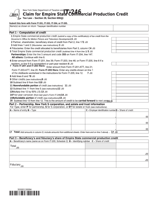 Fillable Form It-246 - Claim For Empire State Commercial Production Credit - 2013 Printable pdf