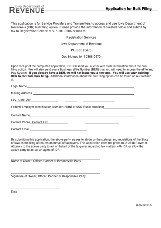 Form 78-004 - Application For Bulk Filing - Iowa Department Of Revenue Printable pdf
