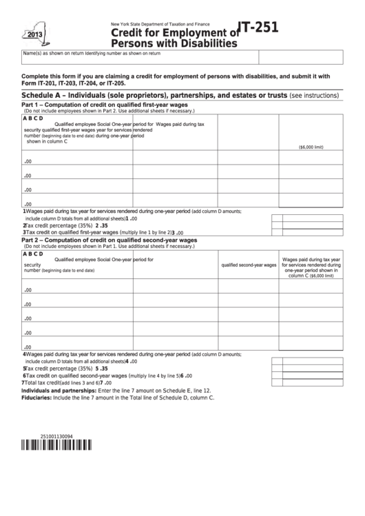 Fillable Form It-251 - Credit For Employment Of Persons With Disabilities - 2013 Printable pdf