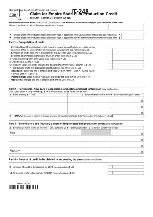 Fillable Form It-248 - Claim For Empire State Film Production Credit - 2013 Printable pdf