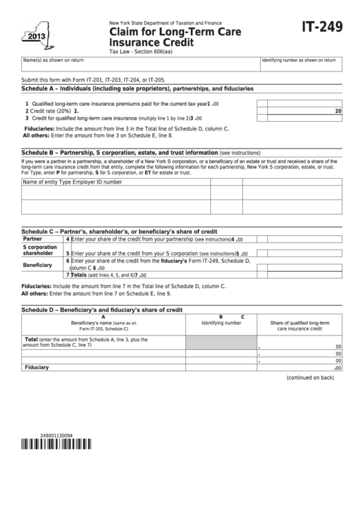 Fillable Form It-249 - Claim For Long-Term Care Insurance Credit - 2013 Printable pdf