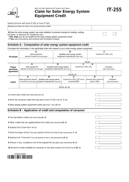 Fillable Form It-255 - Claim For Solar Energy System Equipment Credit - 2013 Printable pdf