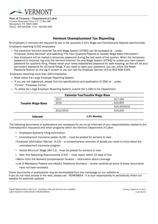 Form C-30 - Vermont Unemployment Tax Reporting