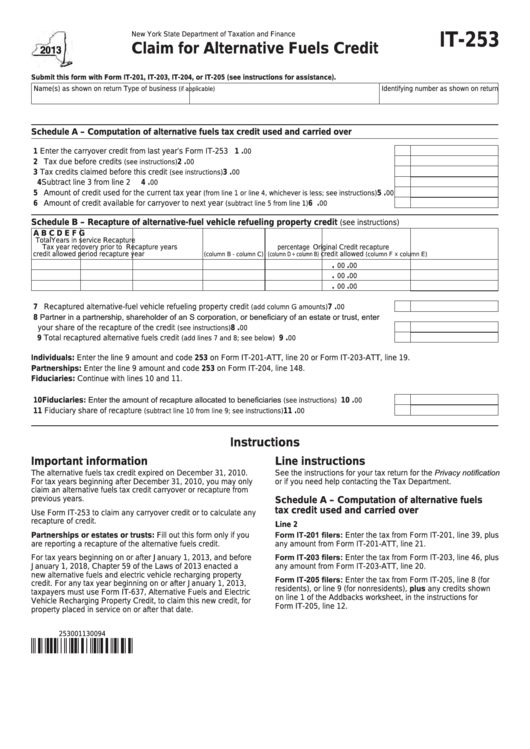 Fillable Form It-253 - Claim For Alternative Fuels Credit - 2013 Printable pdf