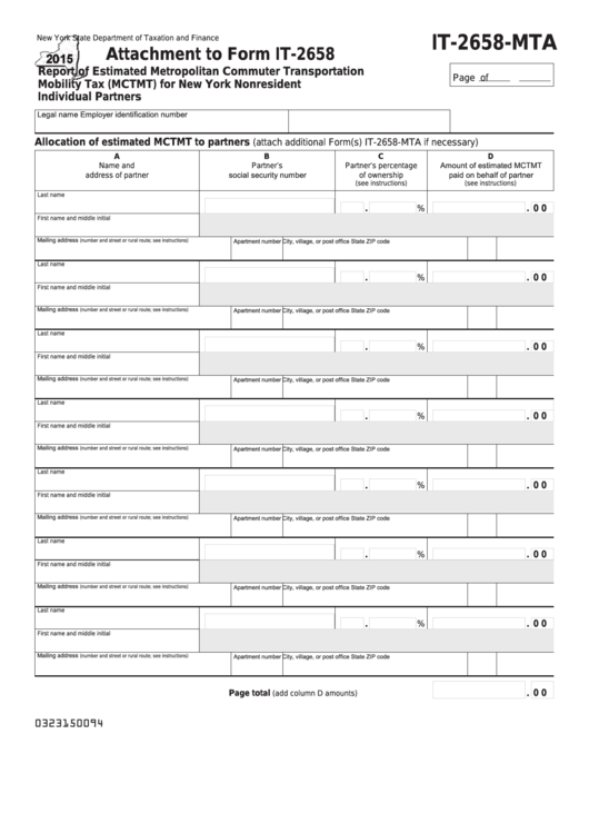 Fillable Form It-2658-Mta - Report Of Estimated Metropolitan Commuter Transportation Mobility Tax (Mctmt) For Nonresident Individual Partners - 2015 Printable pdf