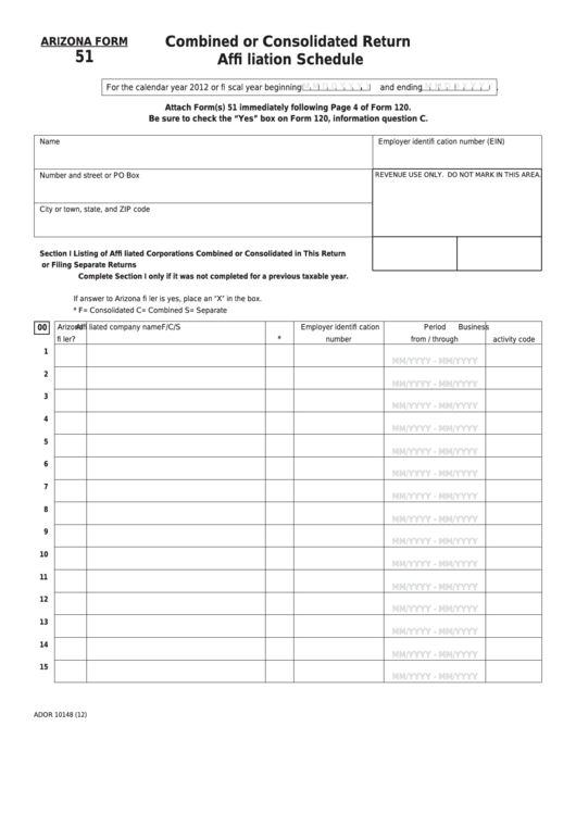 Fillable Arizona Form 51 - Combined Or Consolidated Return Affi Liation Schedule Printable pdf
