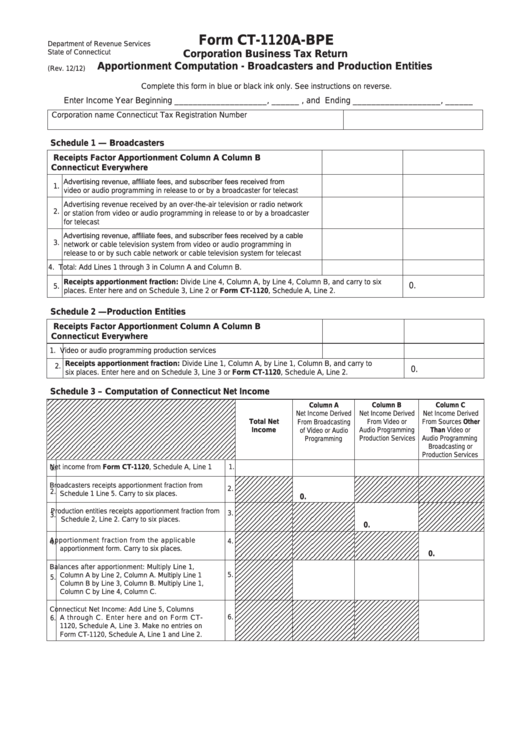 Form Ct-1120a-Bpe - Corporation Business Tax Return Apportionment Computation - Broadcasters And Production Entities Printable pdf