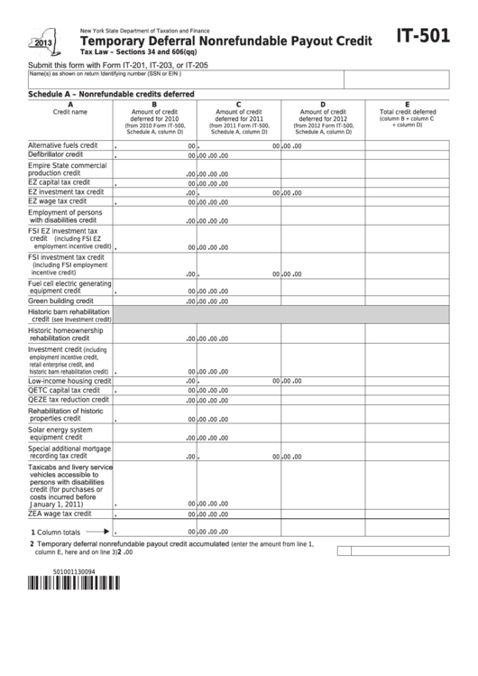 Fillable Form It-501 - Temporary Deferral Nonrefundable Payout Credit - 2013 Printable pdf