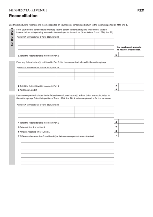 Fillable Form Rec - Reconciliation - Minnesota Department Of Revenue Printable pdf