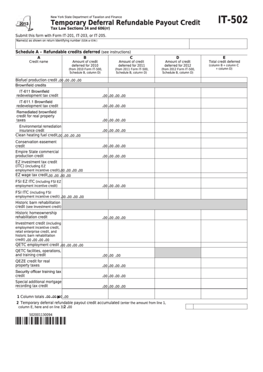Fillable Form It-502 - Temporary Deferral Refundable Payout Credit - 2013 Printable pdf