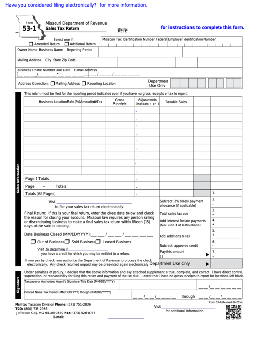 Form 53-1 - Sales Tax Return - Missouri Department Of Revenue