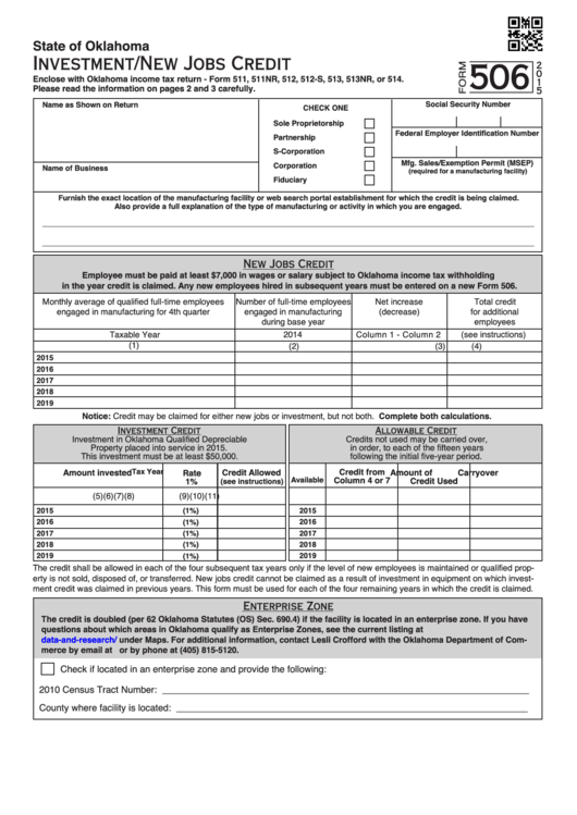 Fillable Form 506 - Investment/new Jobs Credit - 2015 Printable pdf