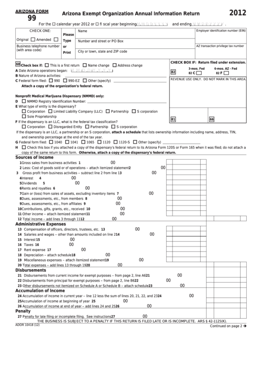 Fillable Arizona Form 99 - Arizona Exempt Organization Annual Information Return - 2012 Printable pdf
