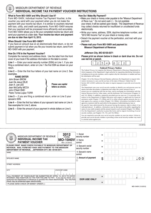 Fillable Form Mo-1040v - Individual Income Tax Payment Voucher - 2012 Printable pdf