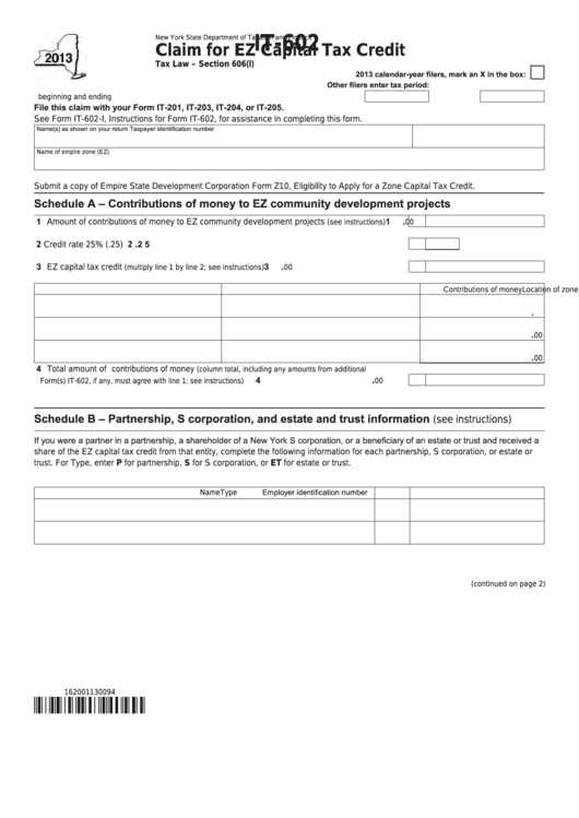 Fillable Form It-602 - Claim For Ez Capital Tax Credit - 2013 Printable pdf