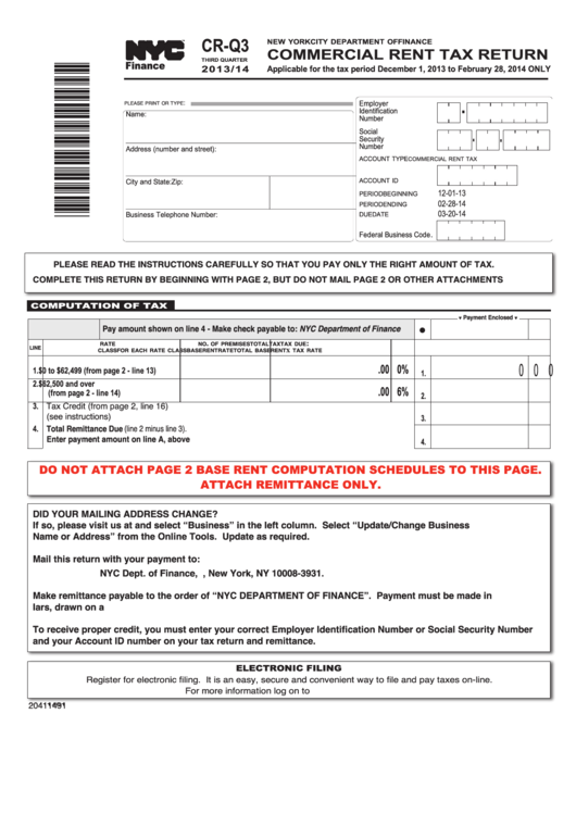 Form Cr-Q3 - Commercial Rent Tax Return - 2013/14 Printable pdf